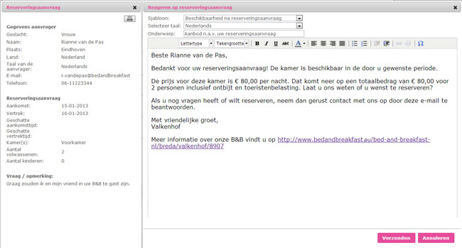 B&B standaard e-mail template B&B Reserveringssysteem